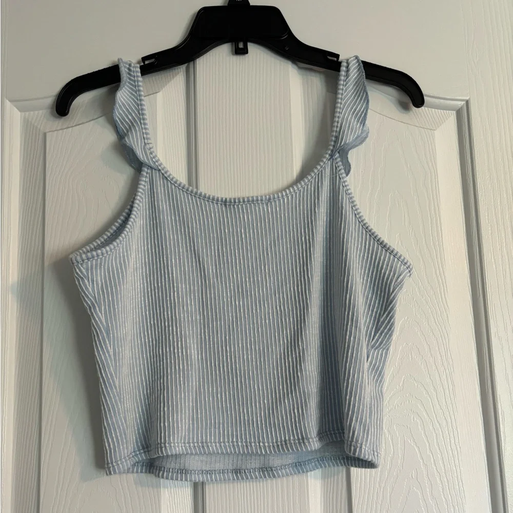 Caution To The Wind Blue Ribbed Sleeveless Crop Tank Top - Picture 3 of 3